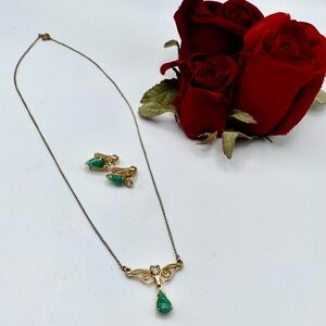 Delicate Curtis Creation Jade Green Crystal Necklace Earrings Set 12K Gold Fill